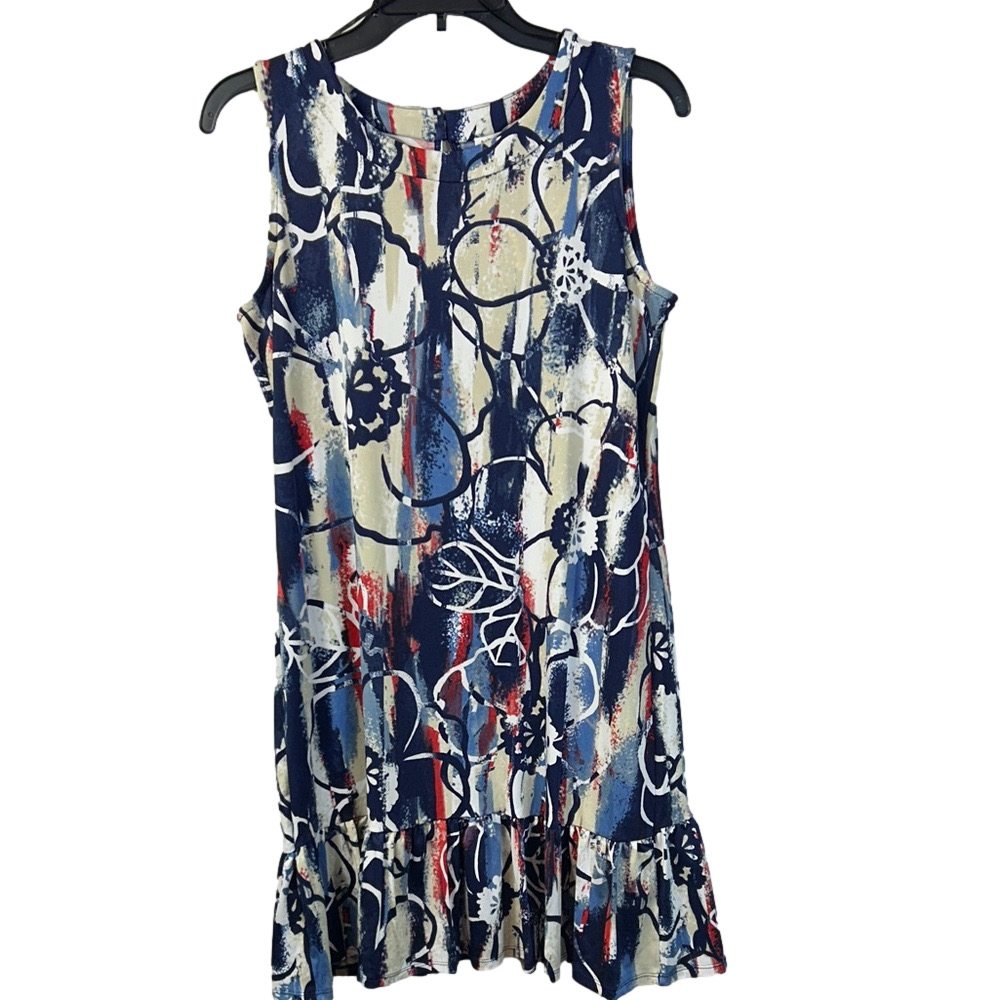 Notations Blue & Red abstract sleeveless midi dress keyhole back petite medium